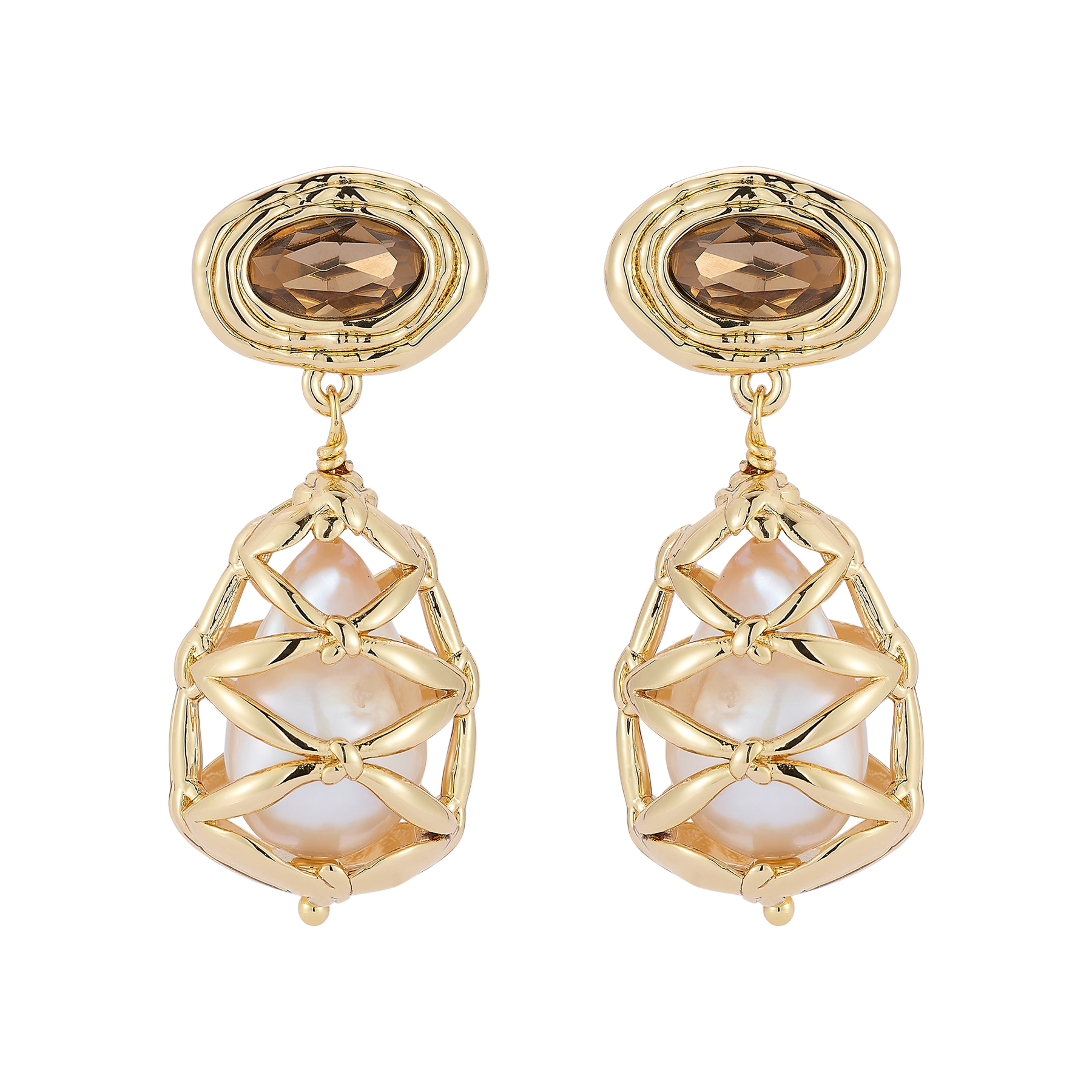 Gold earrings with smoky brown gemstones and pearl-like elements on a white background