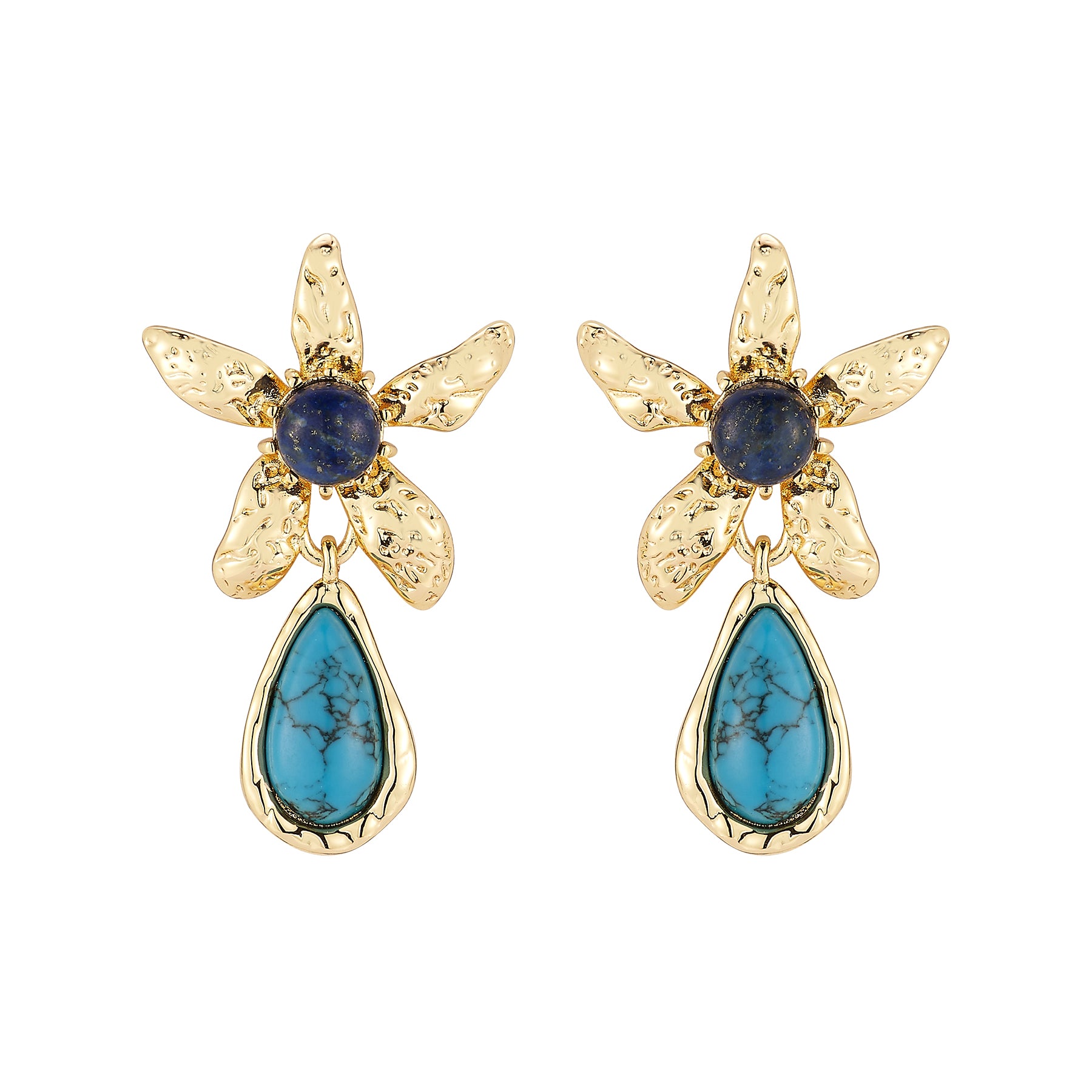A pair of gold flower-shaped drop earrings featuring a round dark blue cabochon stone at the center and a teardrop-shaped turquoise stone hanging below, set against a plain white background.