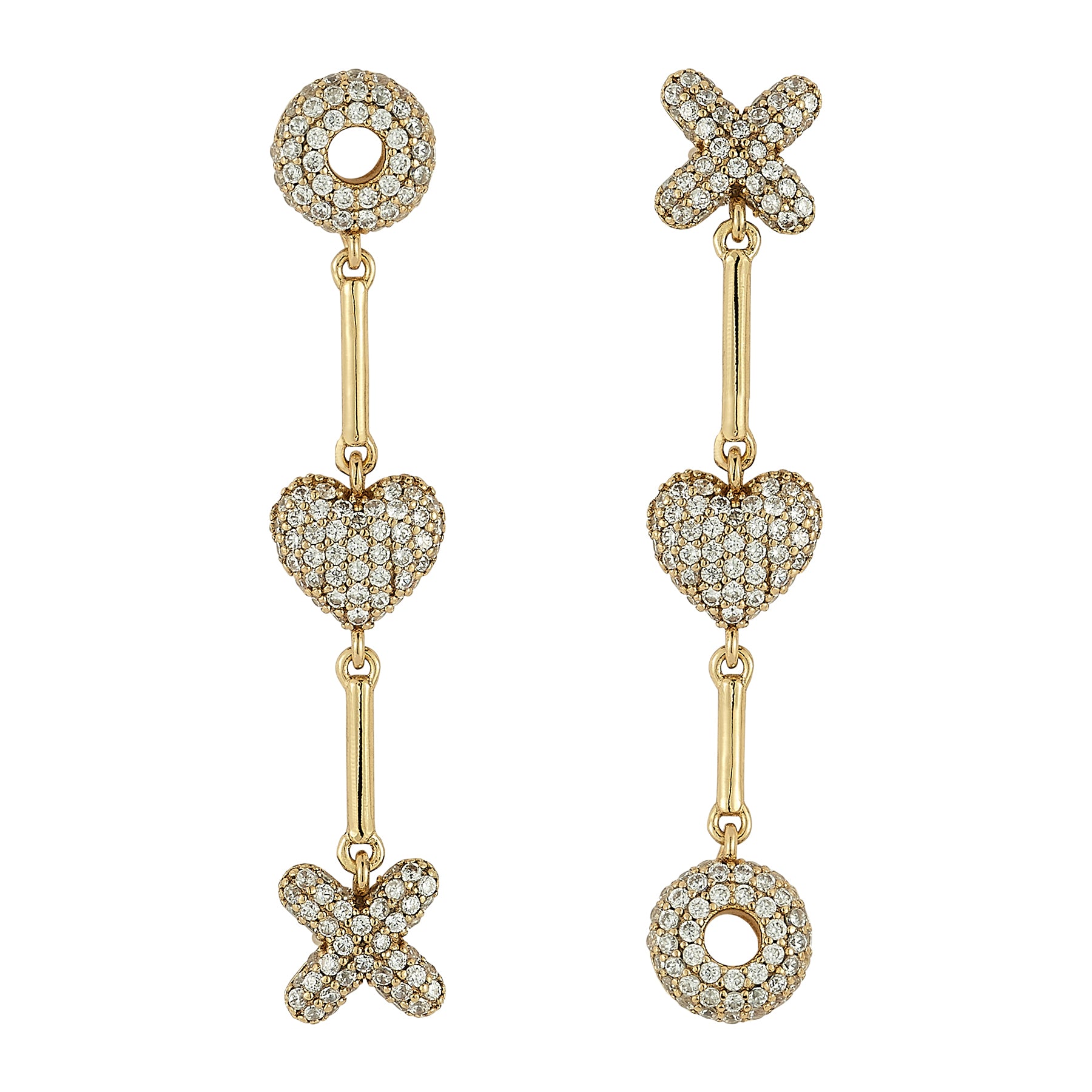 Pair of gold earrings with heart, circle, and 'X' designs on a white background
