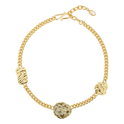 Gold chain bracelet with textured links on a white background