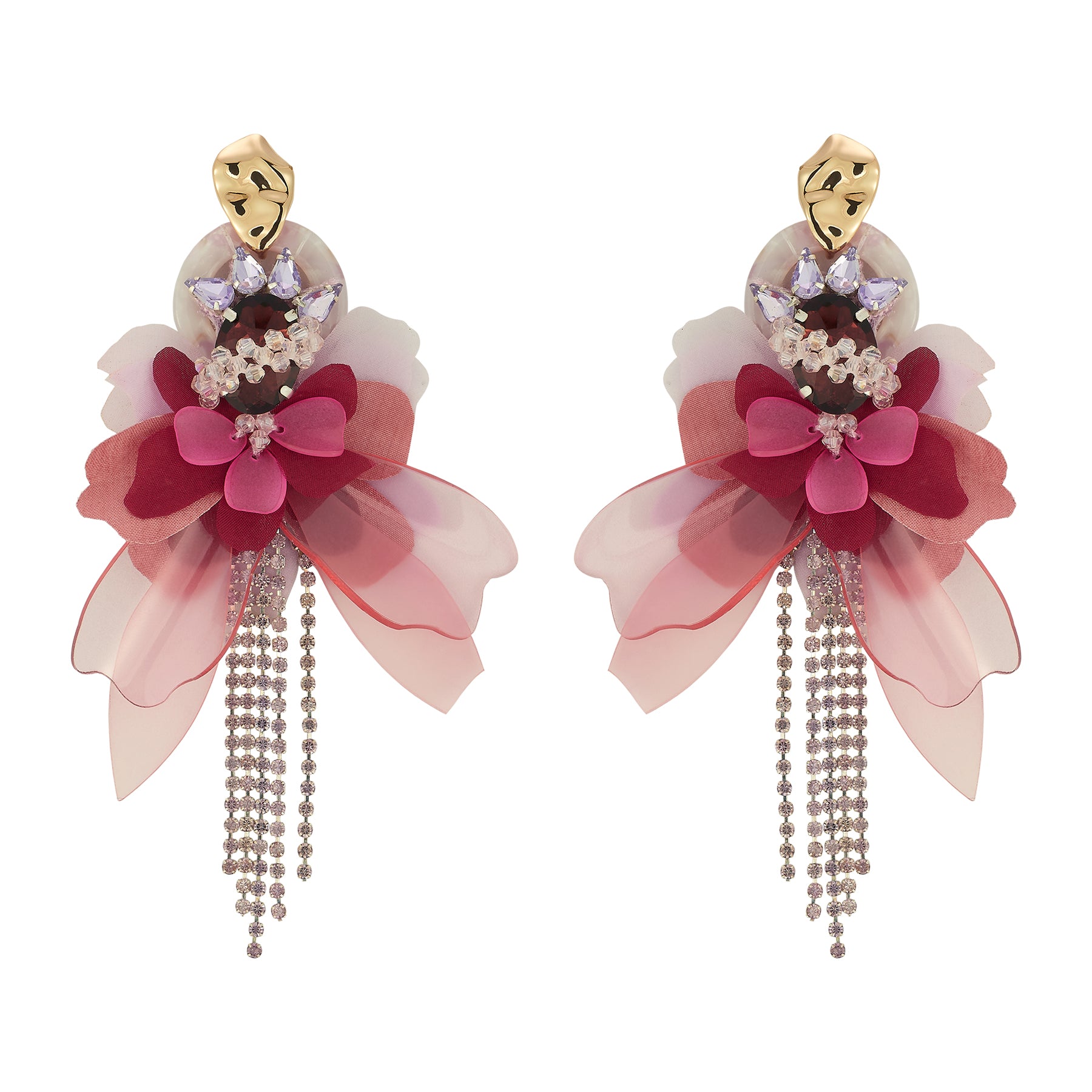 Pair of floral earrings with pink and red flowers and gold accents on a white background