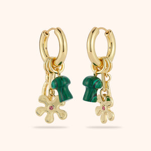 Green Stone and Gold Flower Hoop Drop Earrings on Tan Background