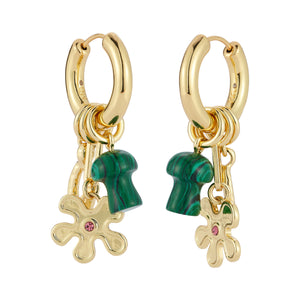 Green Stone and Gold Flower Hoop Drop Earrings on Flat White Background