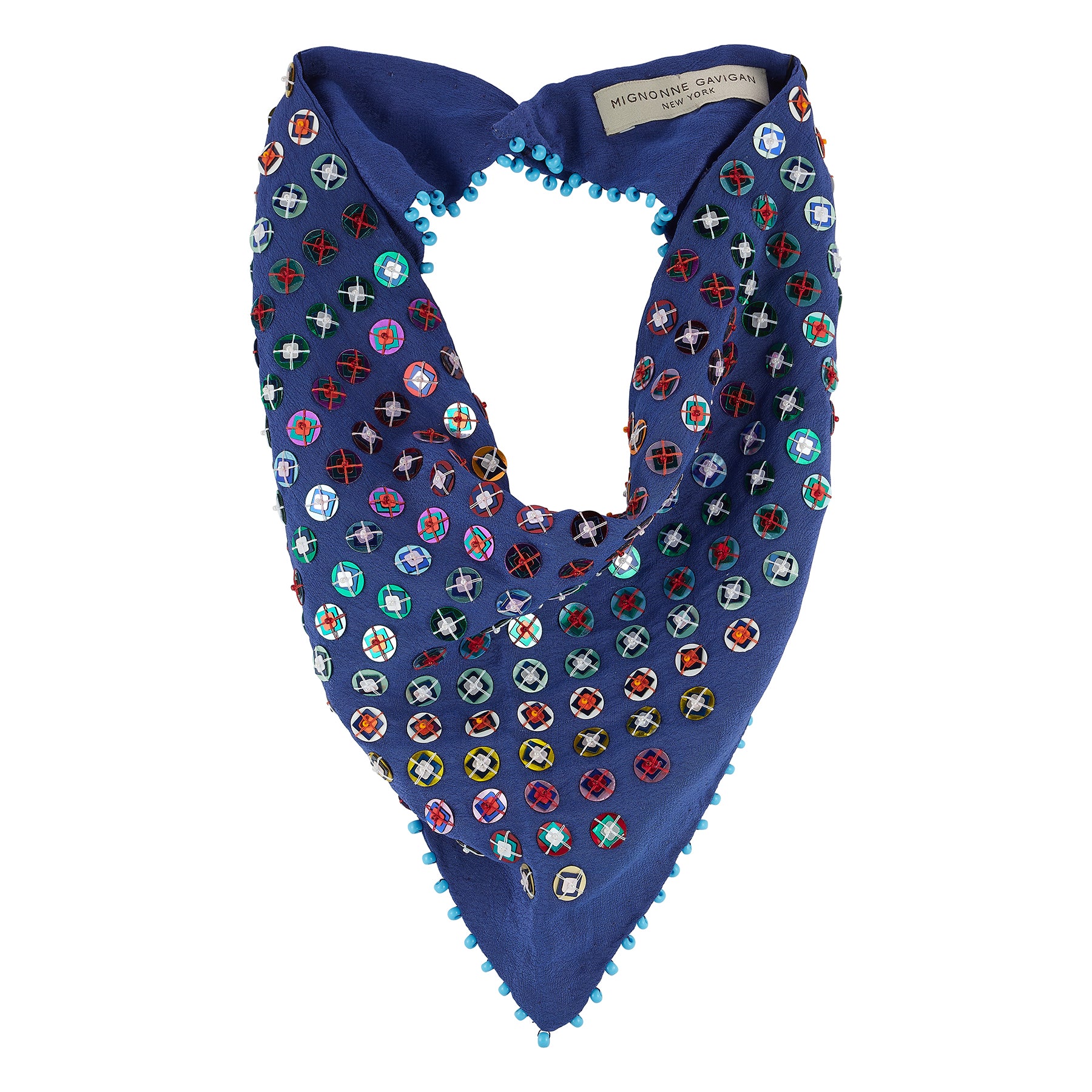 Blue and sequin stitched scarf necklace against a white background