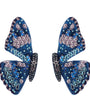 Pair of blue butterfly earrings with intricate beadwork on a white background