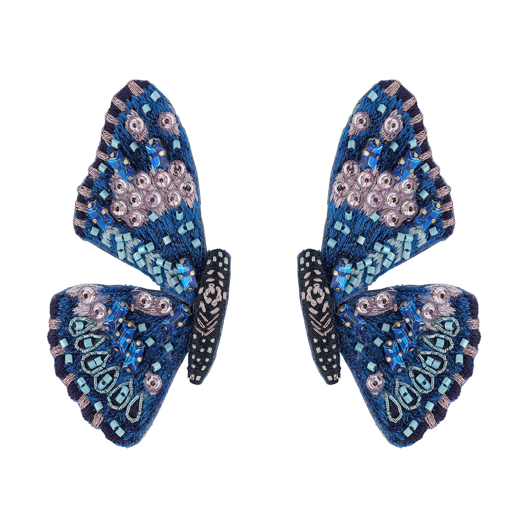 Pair of blue butterfly earrings with intricate beadwork on a white background