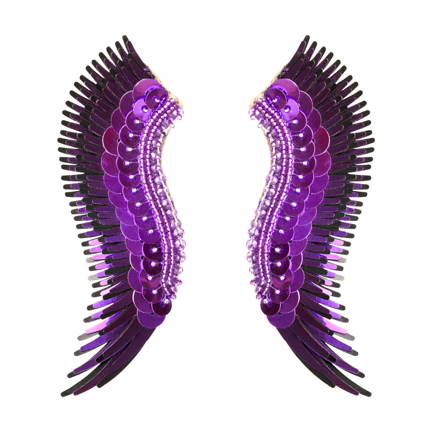 Metallic Purple Sequin Wing Earrings on Flat White Background