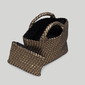 Woven Metallic Neoprene Tote Bag and Insert Pouch with Flat Grey Background