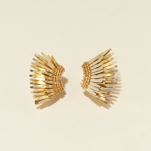 Metallic Gold Sequin Wing Stud Earrings On Cream Background