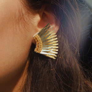 Metallic Gold Sequin Wing Stud Earrings on Model's Ear