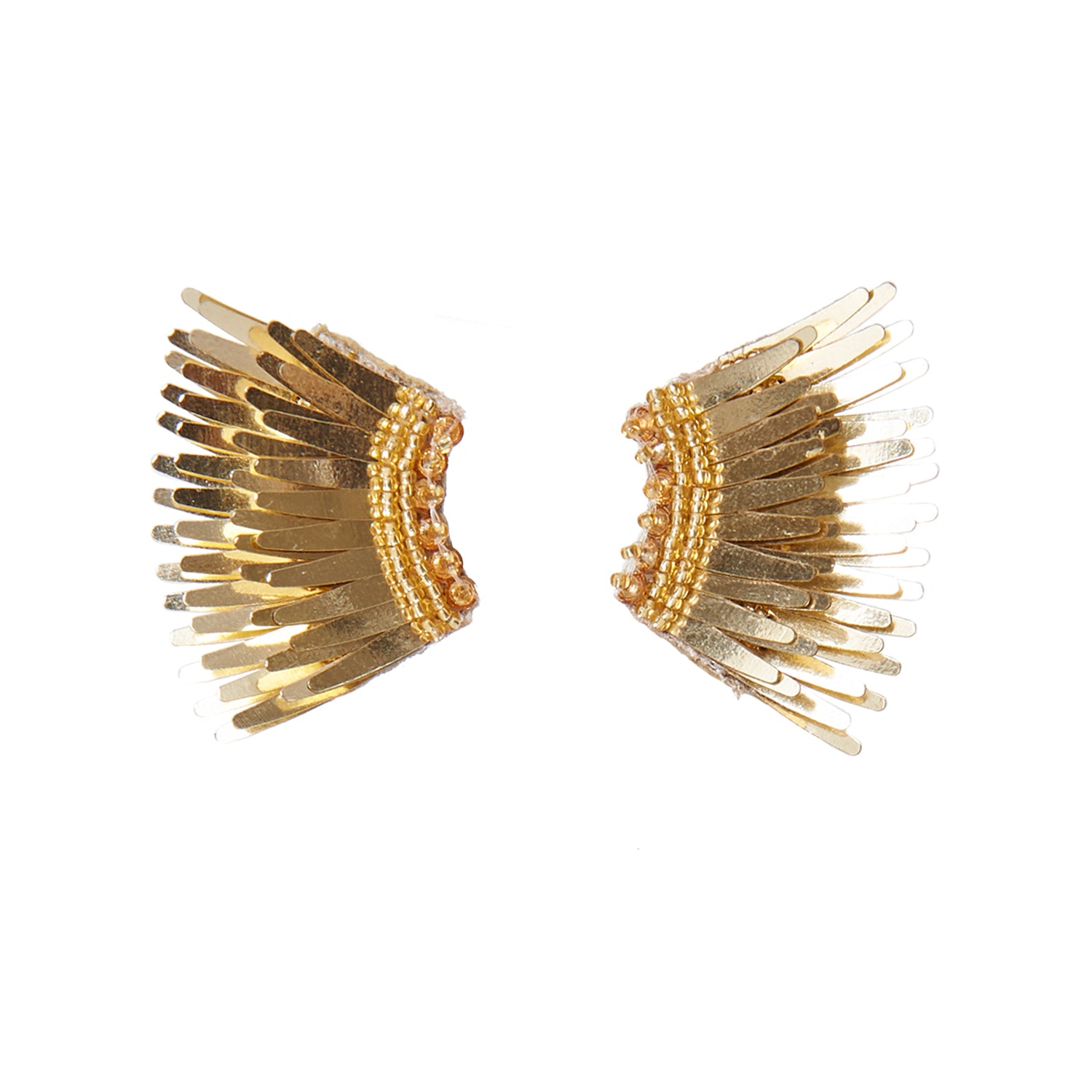 Metallic Gold Sequin Wing Stud Earrings on White Background