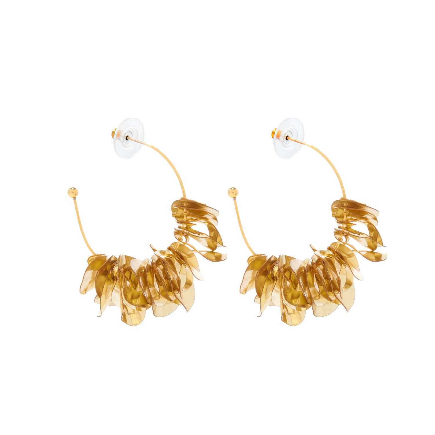 Gold Wavy Sequin Hoops Earrings on Flat White Background