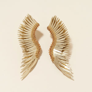 Gold Sequin Wing Stud Earrings On Cream Background