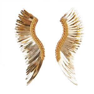 Gold Sequin Wing Stud Earrings On Flat White Background