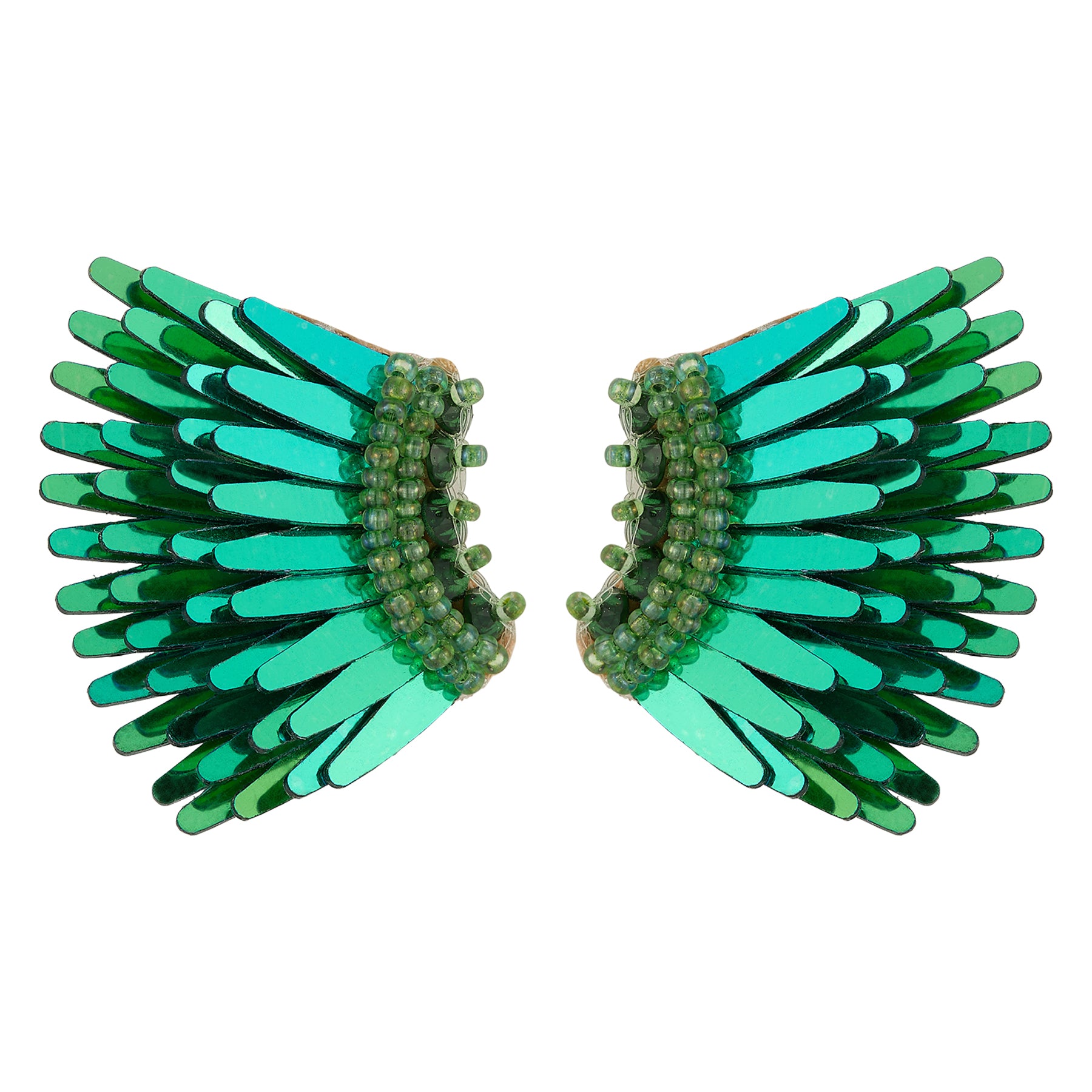Green sequin and bead wing stud earrings on white background