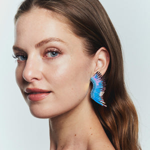 Metallic Light Blue Sequin Wing Earrings Styled on Model