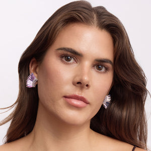 Metallic Light Purple Sequin Wing Stud Earrings on Model