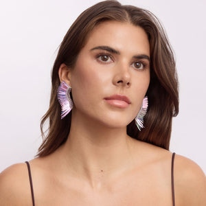 Metallic Purple Sequin Wing Earrings Styled on Model