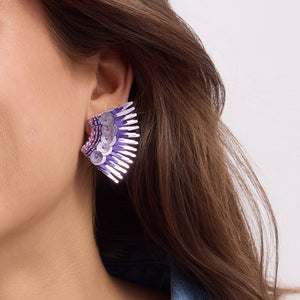 Metallic Purple Sequin Wing Earrings Styled on Model