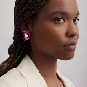 Metallic Magenta Wing Stud Earrings Styled on Model