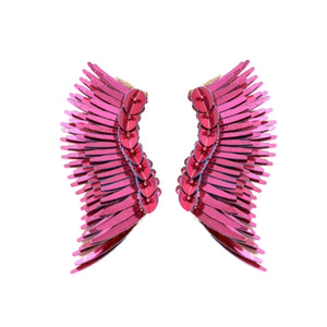 Metallic Magenta Wing Stud Earrings on Flat White Background