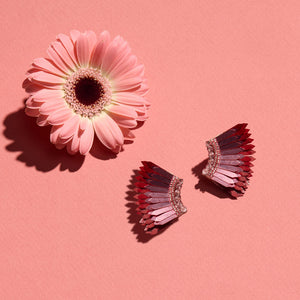Metallic Pink Sequin Wing Earrings Staged with Flowers on Pink Background