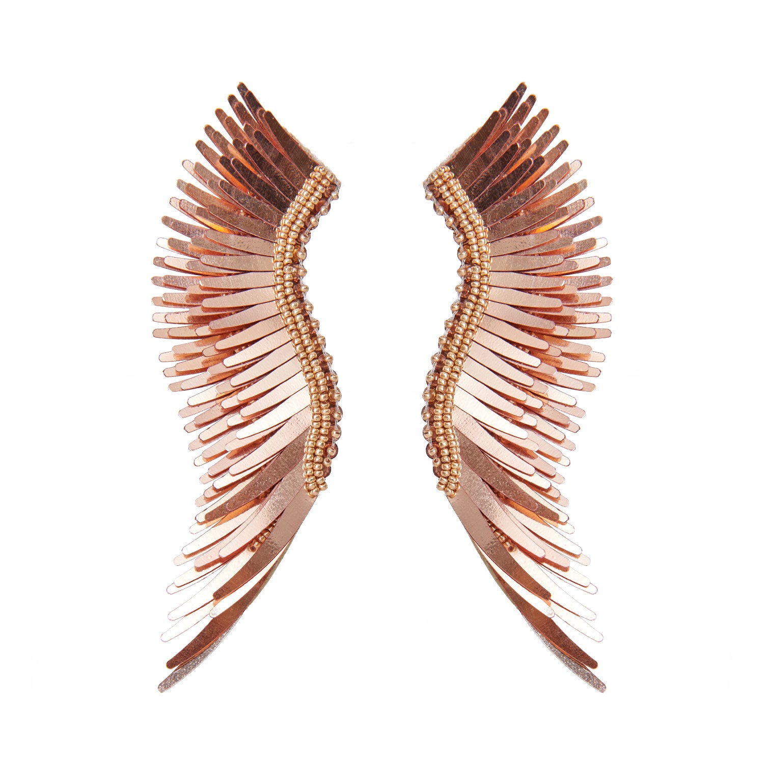 Metallic Rose Gold Wing Earrings On Flat White Background