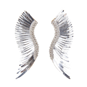 Silver Sequin Wing Stud Earrings on Flat White Background