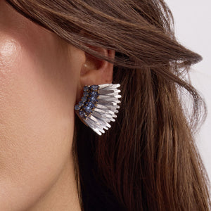 Metallic Silver Wing Stud Earrings with Blue Crystals Styled on Model's Ear