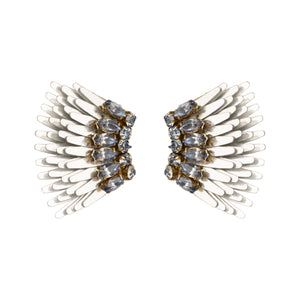 Metallic Silver Wing Stud Earrings with Blue Crystals on Flat White Background