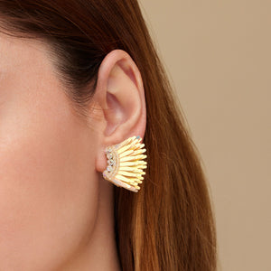 Reflective Yellow and Orange Sequin and Bead Wing Earrings On Model's Ear