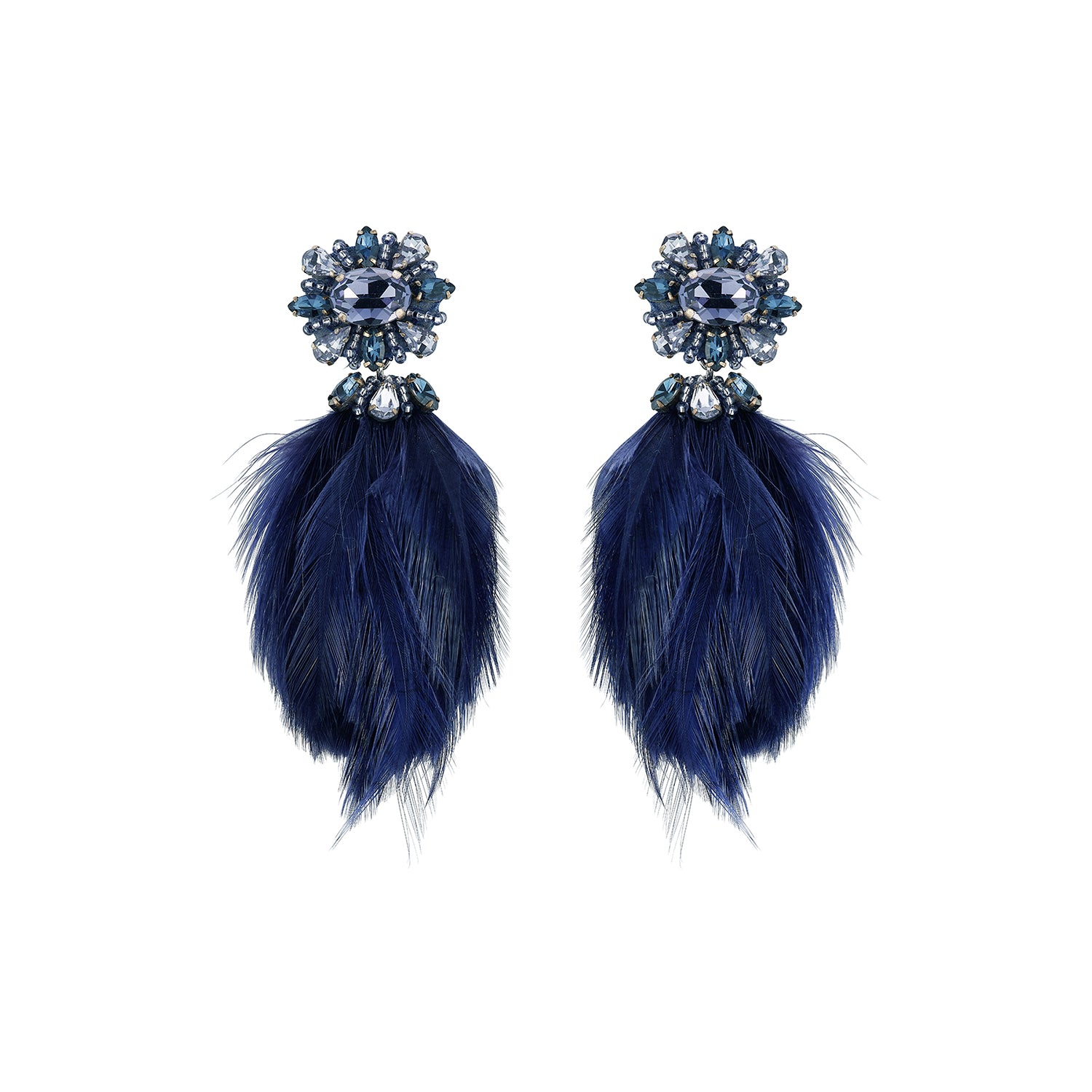 Navy feather drop earrings with ornate floral-inspired tops and gold-tone details on white