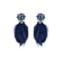 Navy feather drop earrings with ornate floral-inspired tops and gold-tone details on white
