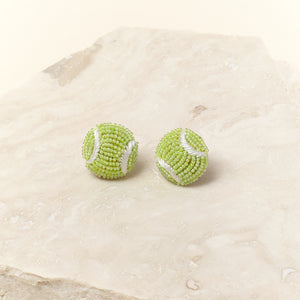 Lime Yellow and White Beaded Tennis Stud Earrings on Tan Background
