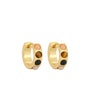 Gold hoop earrings with colorful round stones on a white background