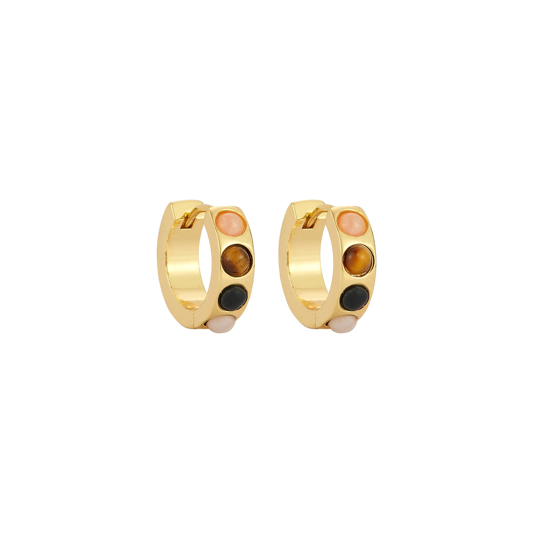 Gold hoop earrings with colorful round stones on a white background