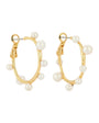 Small Gold and Pearl Hoop Earrings on White Background