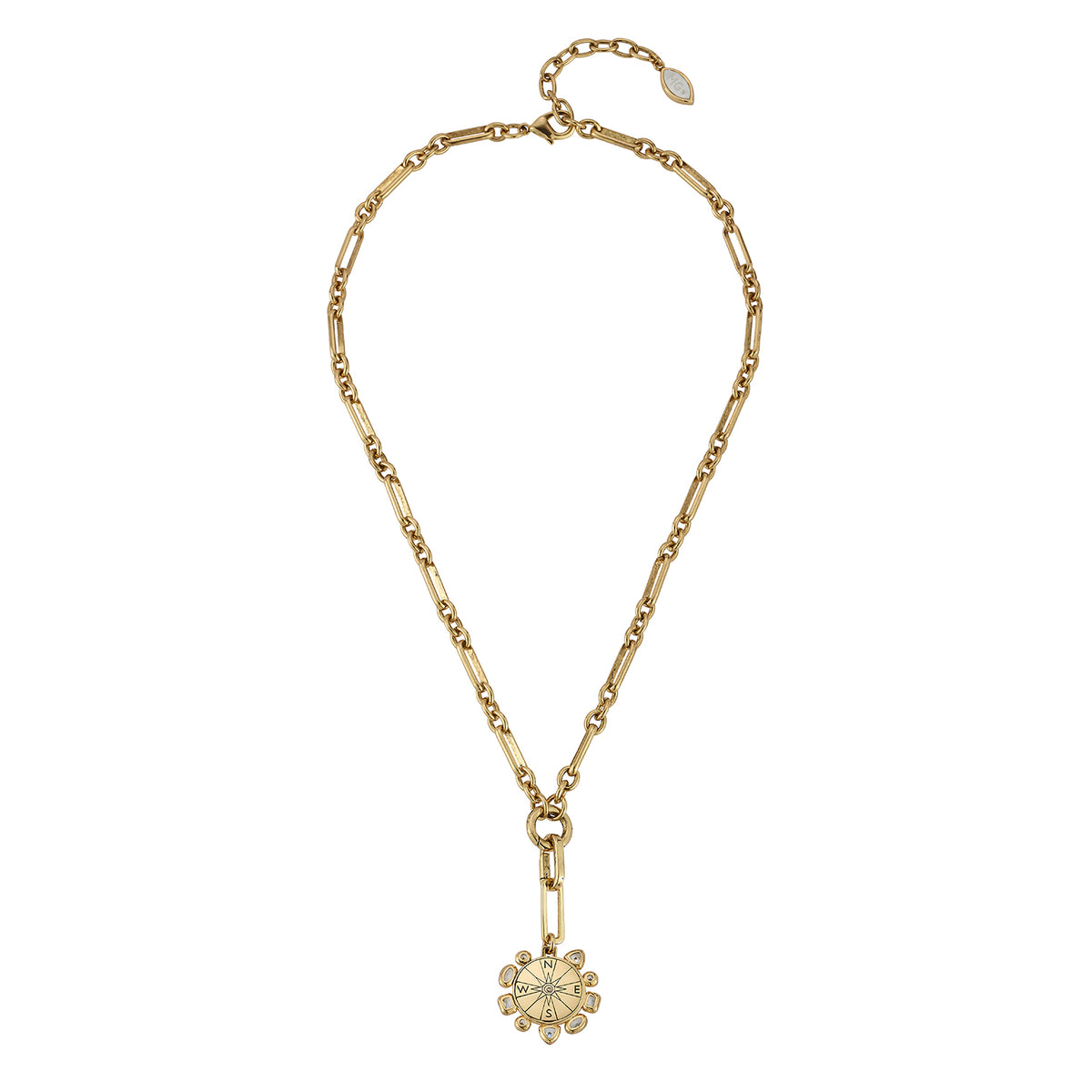 A gold chain necklace featuring a unique elongated link design and a central flower-shaped pendant with a textured center, displayed on a clean white background.