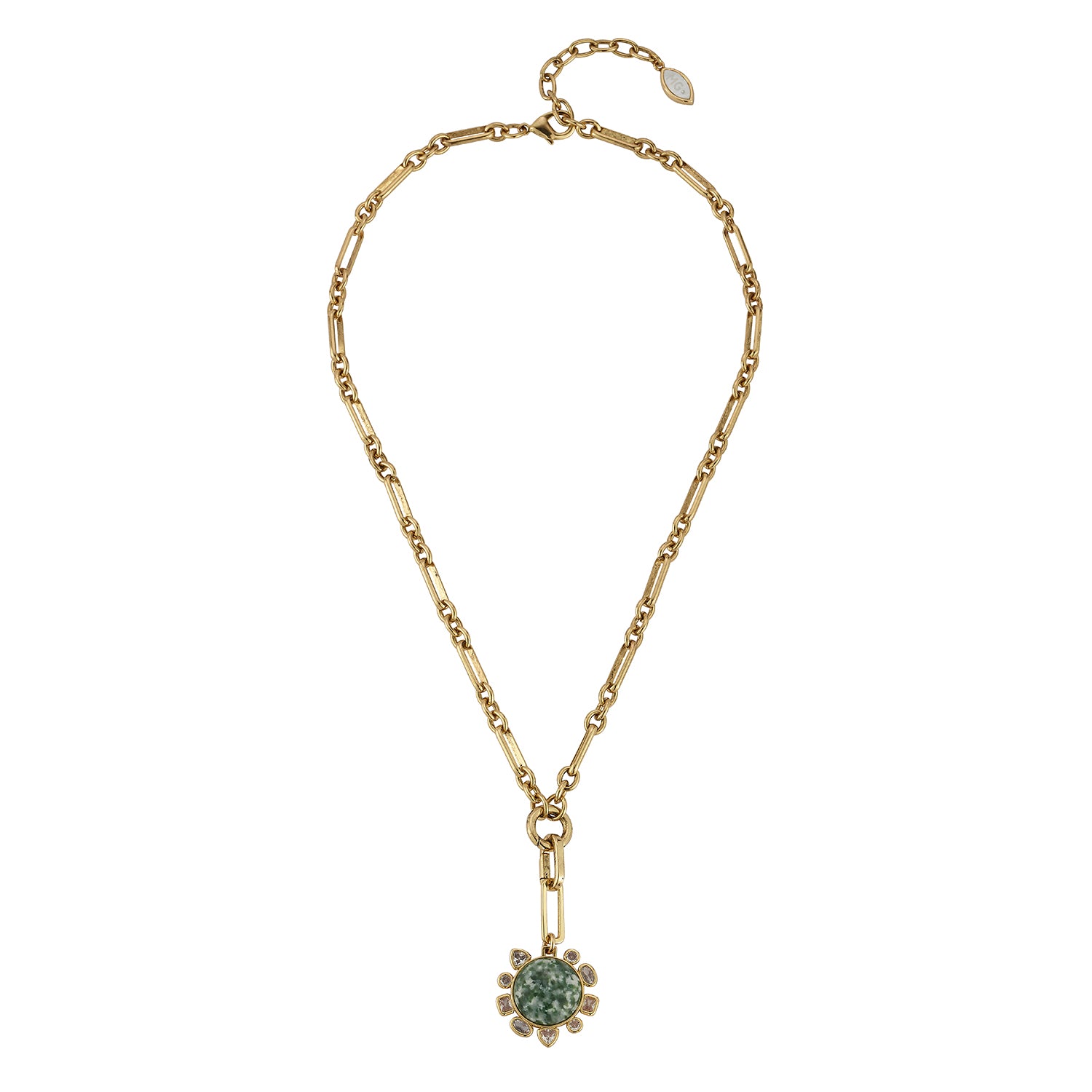 A gold chain necklace featuring a central gold-toned flower-like setting with a round green gemstone and small clear accent stones, displayed on a clean white background.