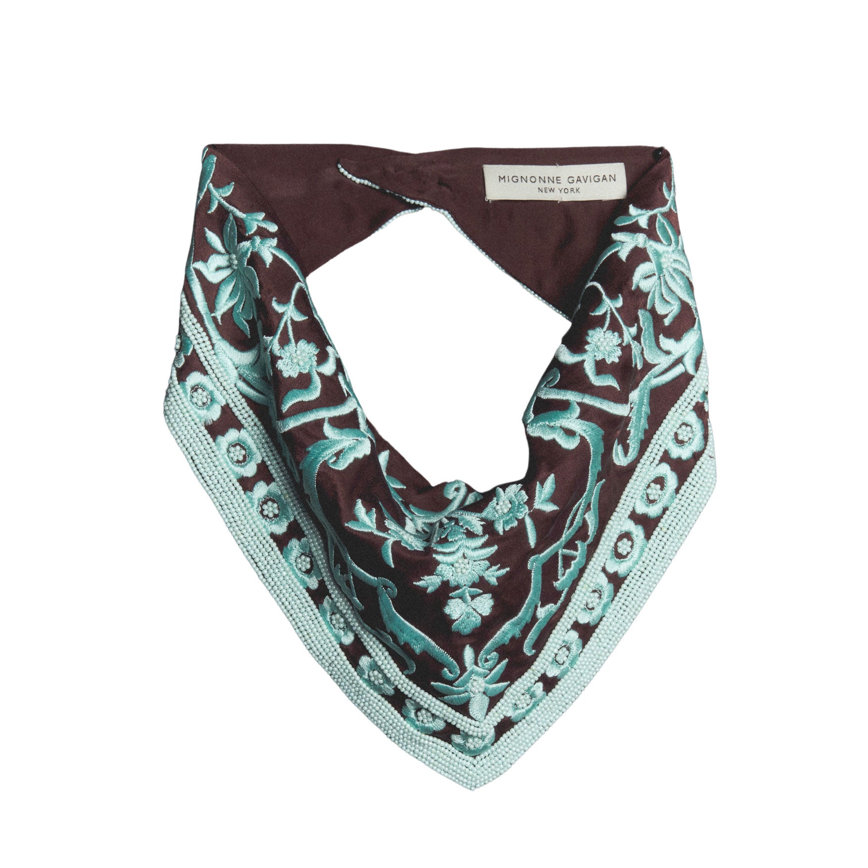 Mint and Brown Beaded and Embroidered Bandana on Flat White Background