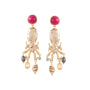 Gold octopus-shaped earrings with colorful gemstones on a white background