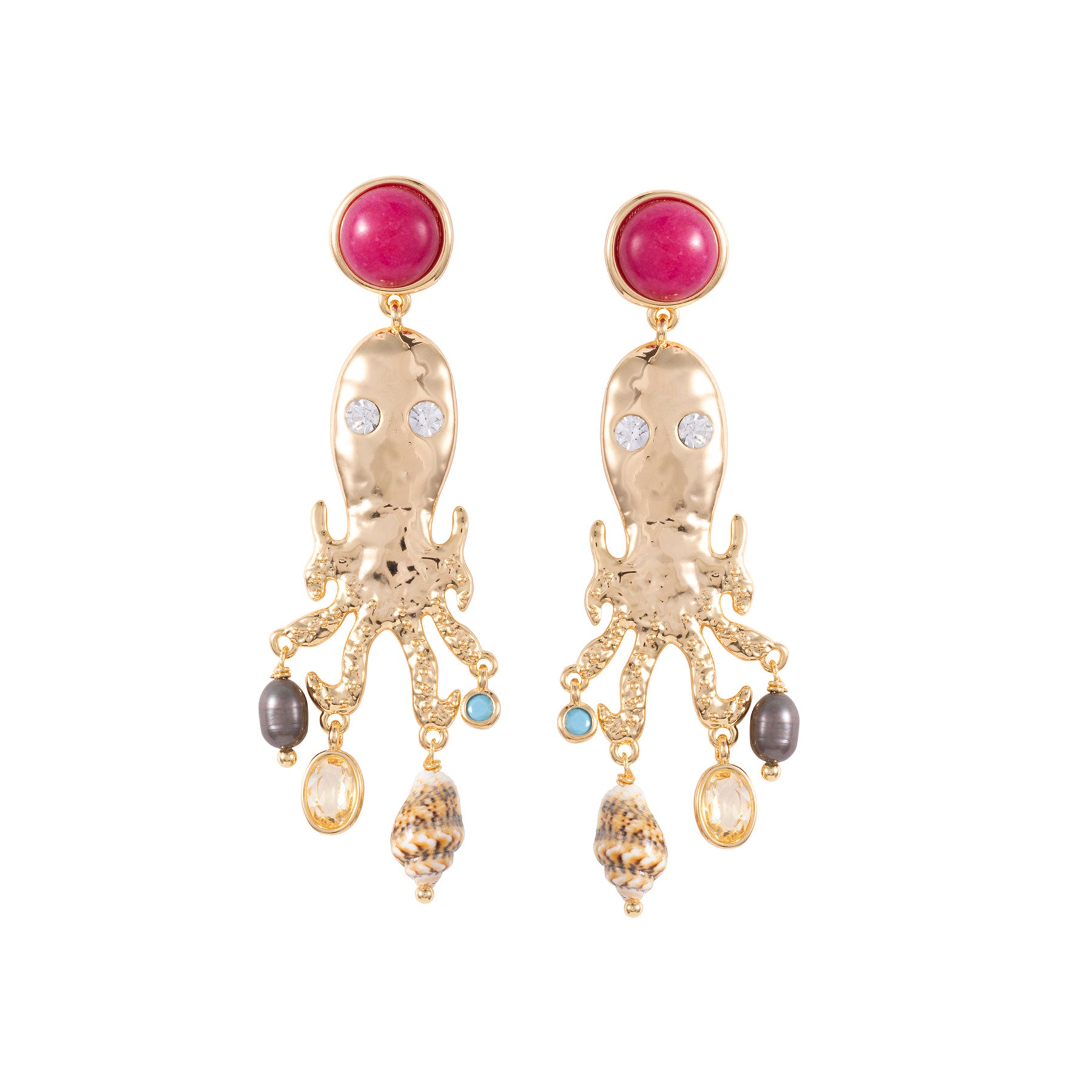 Gold octopus-shaped earrings with colorful gemstones on a white background
