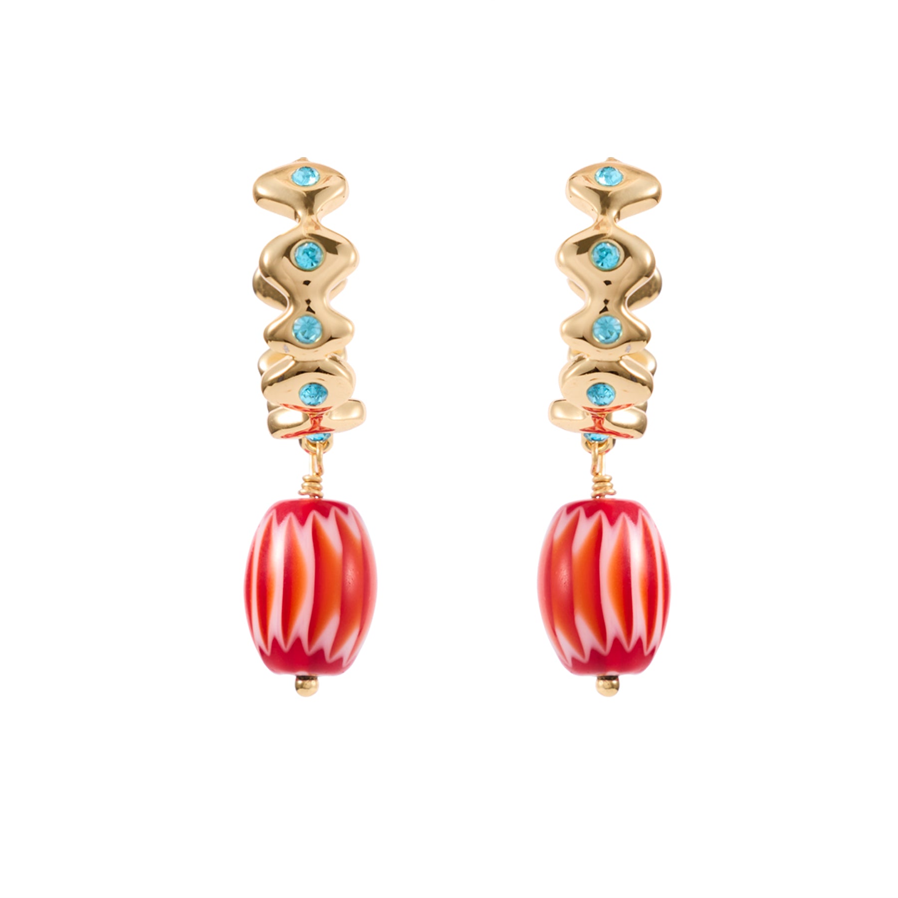Gold hoop with blue stones and red and orange stone dropping on white background