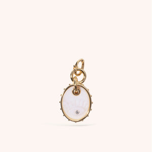 Mother of Pearl and Gold Evil Eye Charm with Crystal Accent on Tan Background