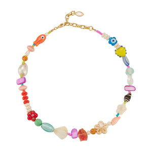 Multi-Colored Bead and Freshwater Pearl Strand Necklace on Flat White Background