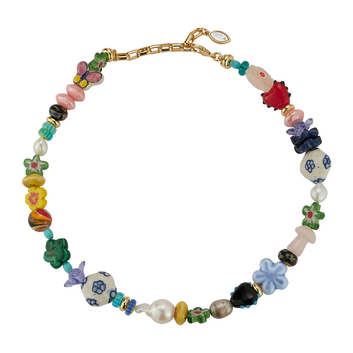 Multi-Colored Bead and Pearl Collar on Flat White Background