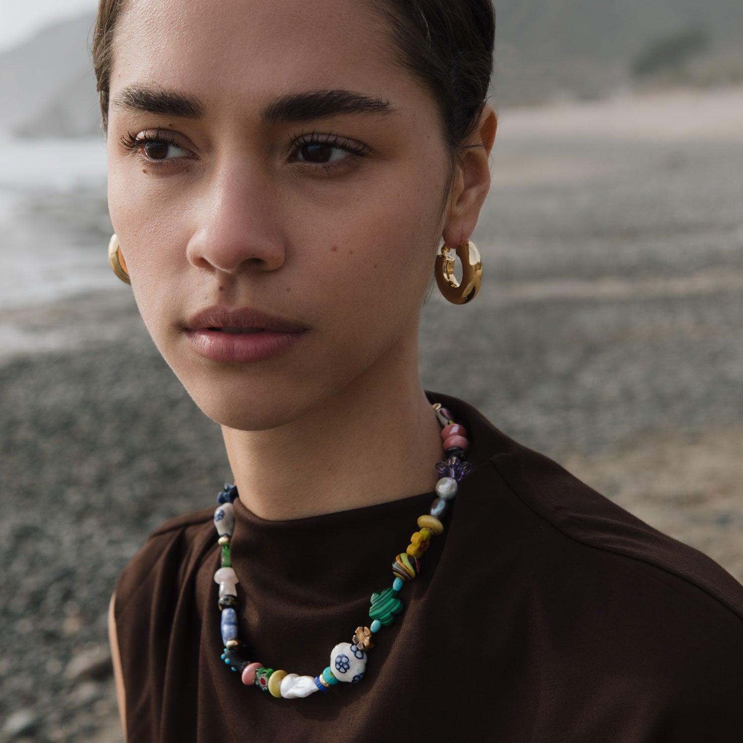 Multi-Colored Bead and Pearl Collar Styled on Model