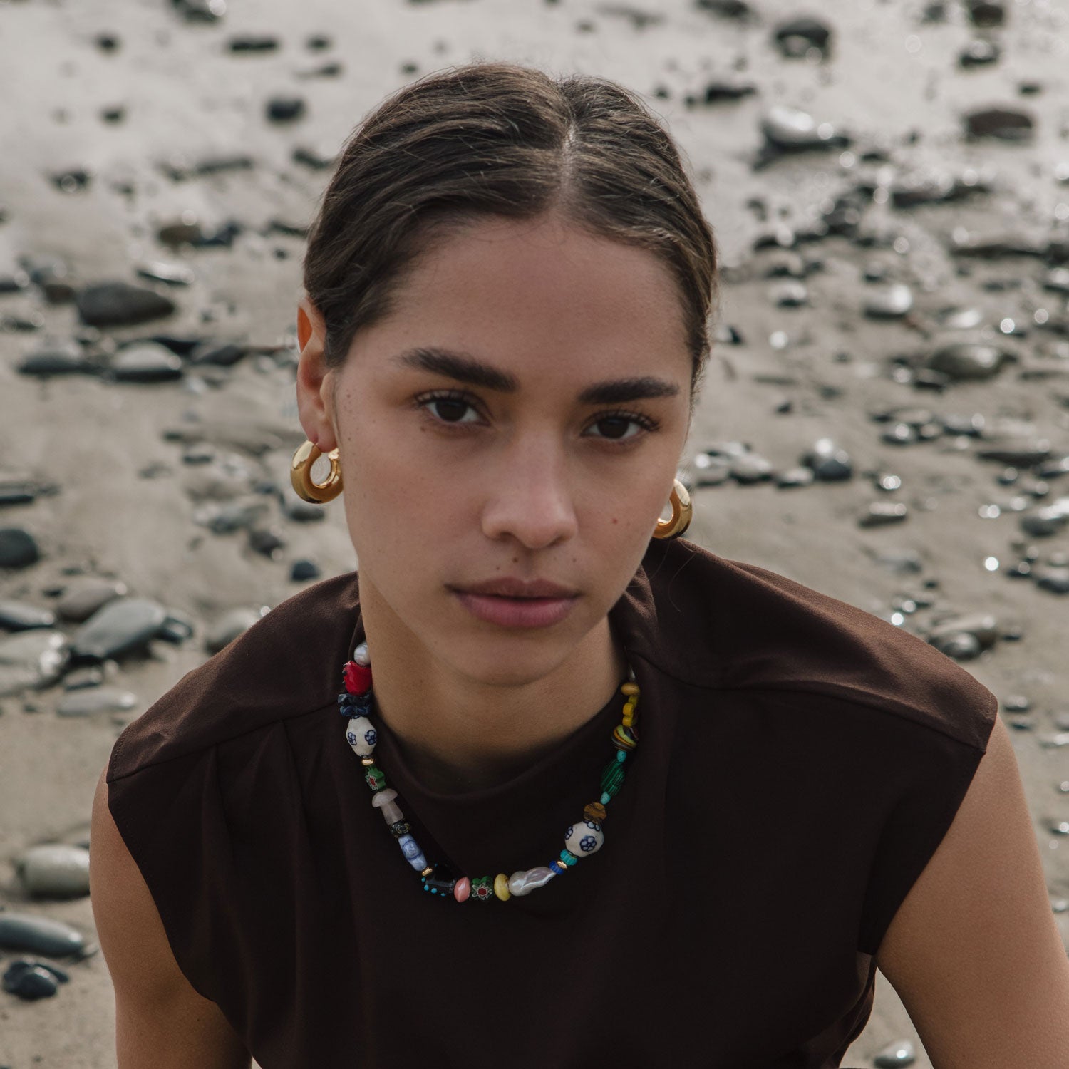 Multi-Colored Bead and Pearl Collar Styled on Model
