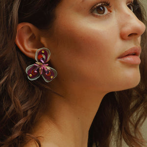 Sequin, Bead, and Crystal Red Multi Flower Stud Earrings Styled on Model