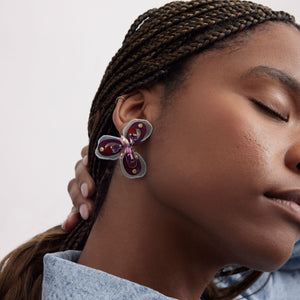 Sequin, Bead, and Crystal Red Multi Flower Stud Earrings on Model in Denim Shirt